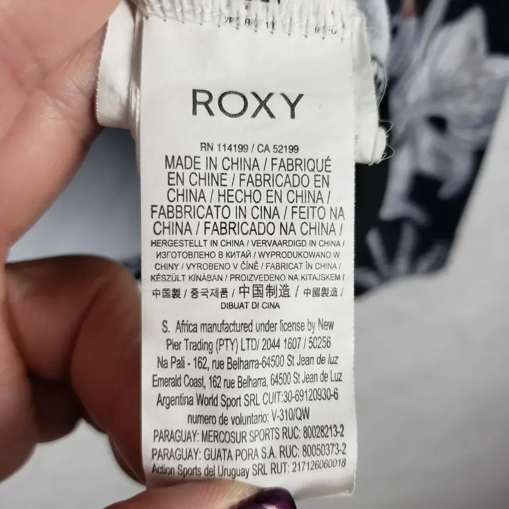 Roxy Women's M Long Sleeve Rash Guard Sun Shirt Black White Floral‎ Hawaiian